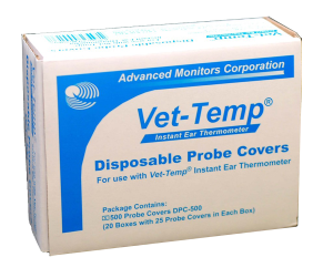 A box of Vet-Temp Ear Thermometer disposable probe covers